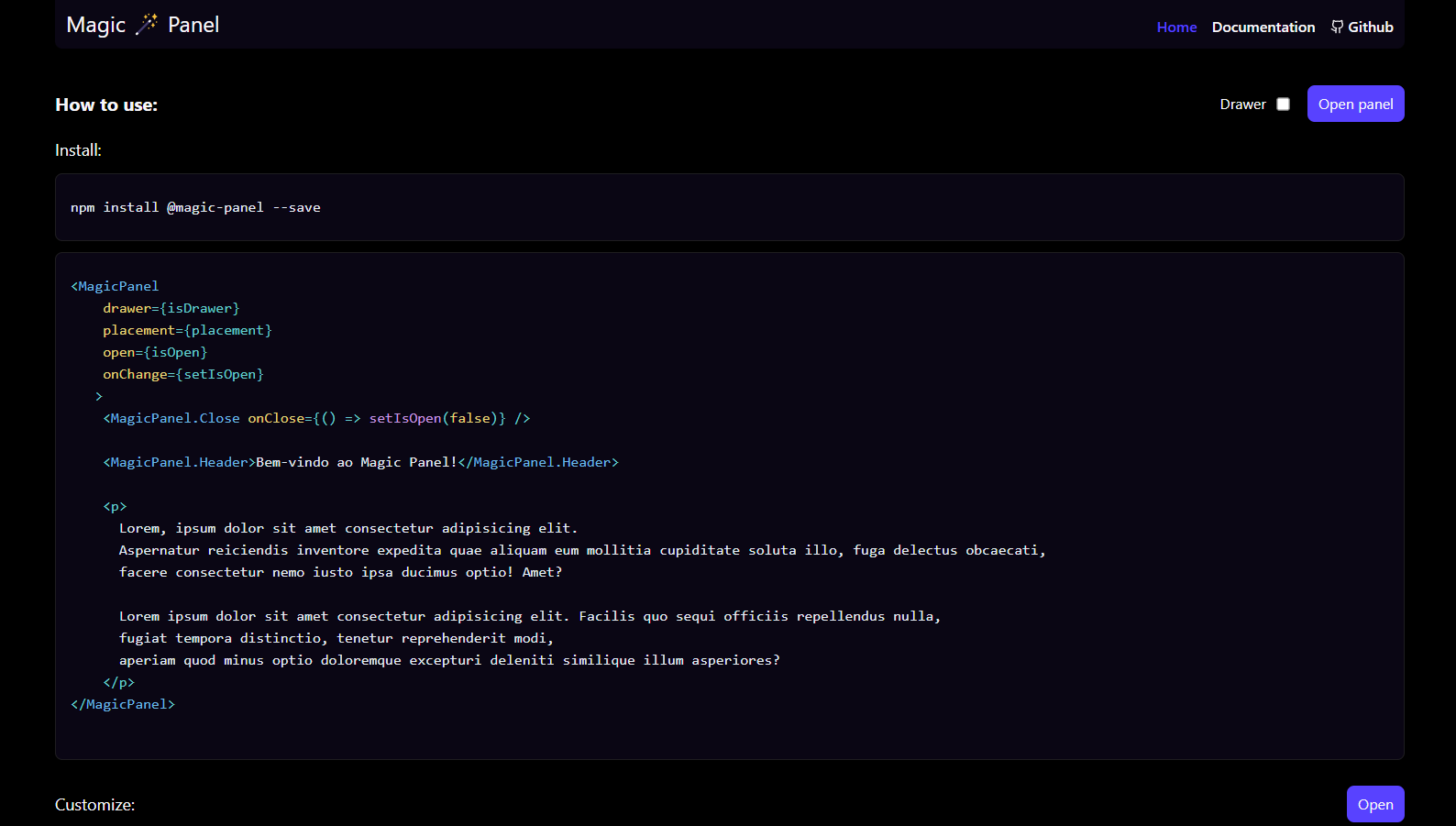 Magic Panel project interface