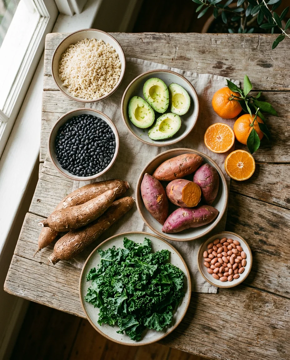 Ingredientes brasileiros sobre mesa de madeira