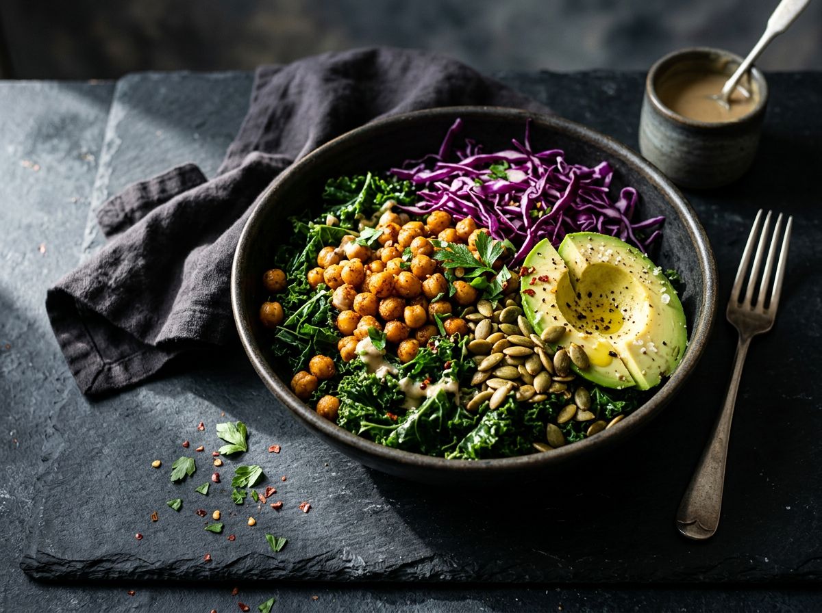 Bowl vegano de alto teor proteico com grão, folhas, tofu e abacate