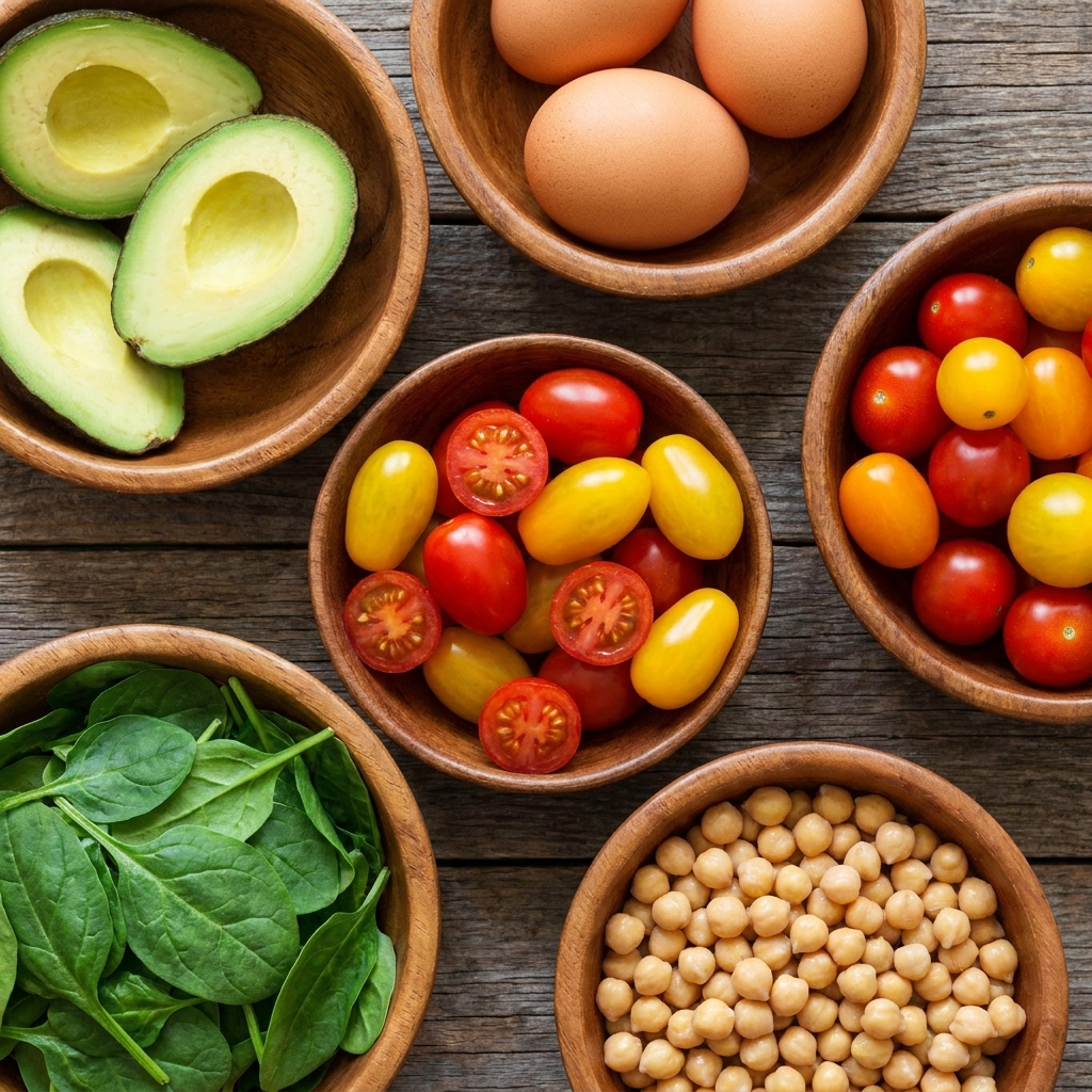 Ingredientes coloridos em tigela, simbolo de alimentacao variada