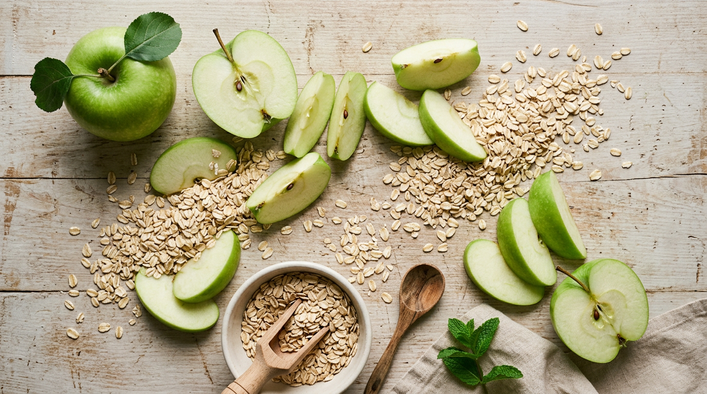 Maca verde fatiada com aveia, simbolo de habitos saudaveis