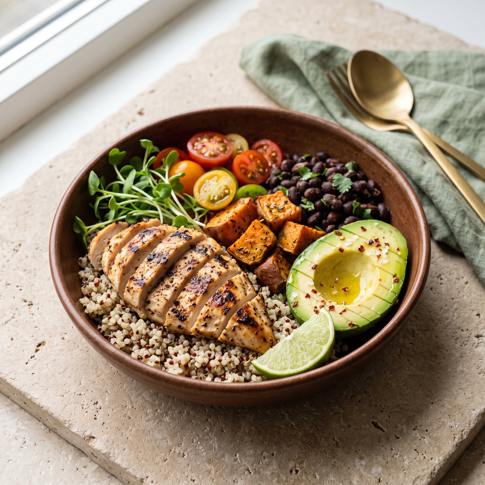 Bowl fitness com frango, quinoa, abacate e batata-doce
