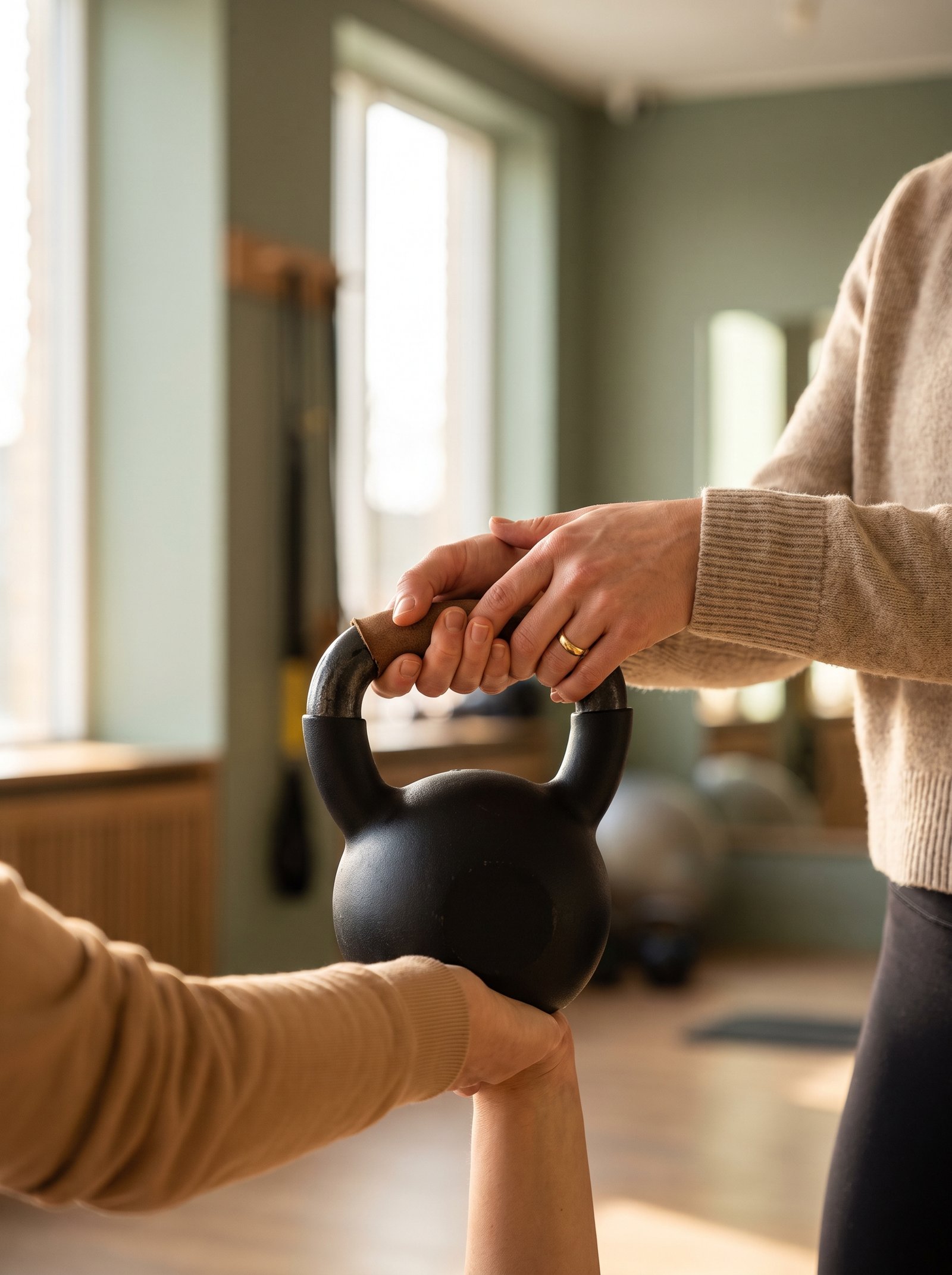 Personal training guiando aluna no kettlebell